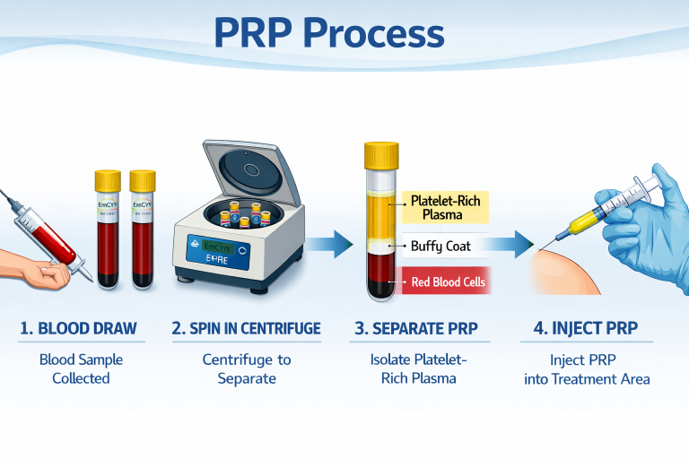 Step-by-step PRP process diagram featuring collection tubes and a centrifuge, demonstrating blood collection, spinning to separate red blood cells and platelet-rich plasma, and PRP injection into tissue.