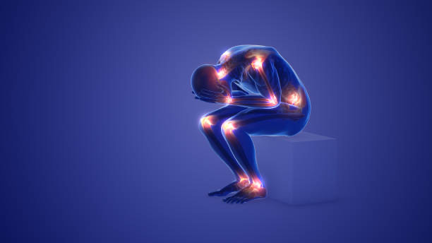 Human body diagram showing highlighted areas of pain on joints and muscles