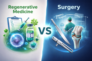 Digital illustration comparing regenerative medicine and surgery. Left side shows regenerative medicine with a vial, syringe, DNA strand, and cells. Right side shows surgery with a surgeon, surgical tools, and a knee joint. A glowing ‘VS’ divides the two sides.
